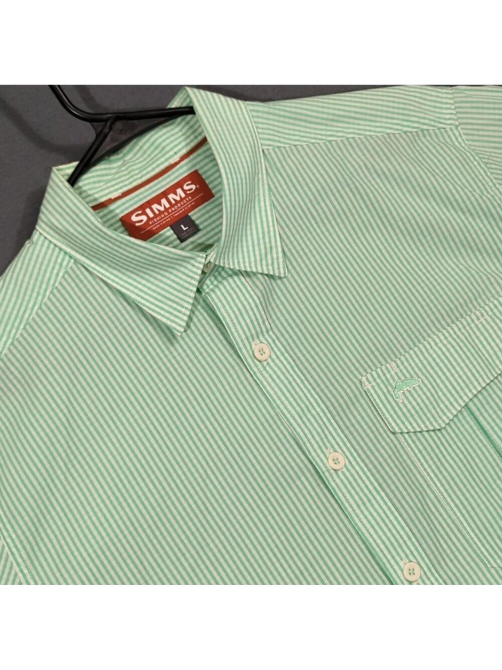 Simms Shirt Men's L Green Striped Short Sleeve Button Up Fishing Outdoor Hiking